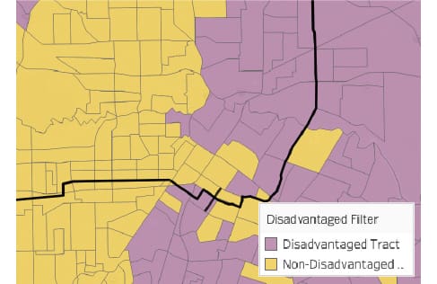 Census data identifying communities near BRT meeting Justice40 criteria