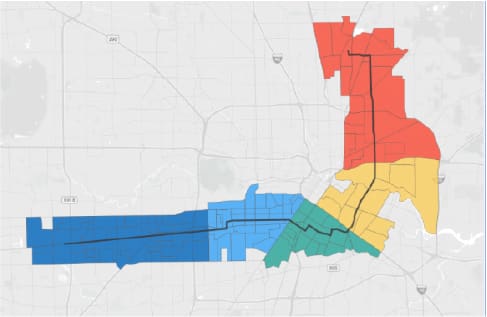 The University Corridor BRT project segmented into 5 separate tracts